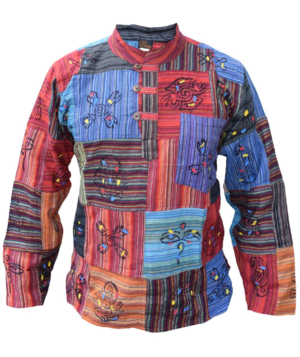 Gheri Patchwork Printed Symbols Casual Grandad Shirt Stone Washed