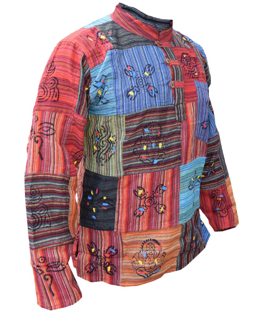 Gheri Patchwork Printed Symbols Casual Grandad Shirt Stone Washed