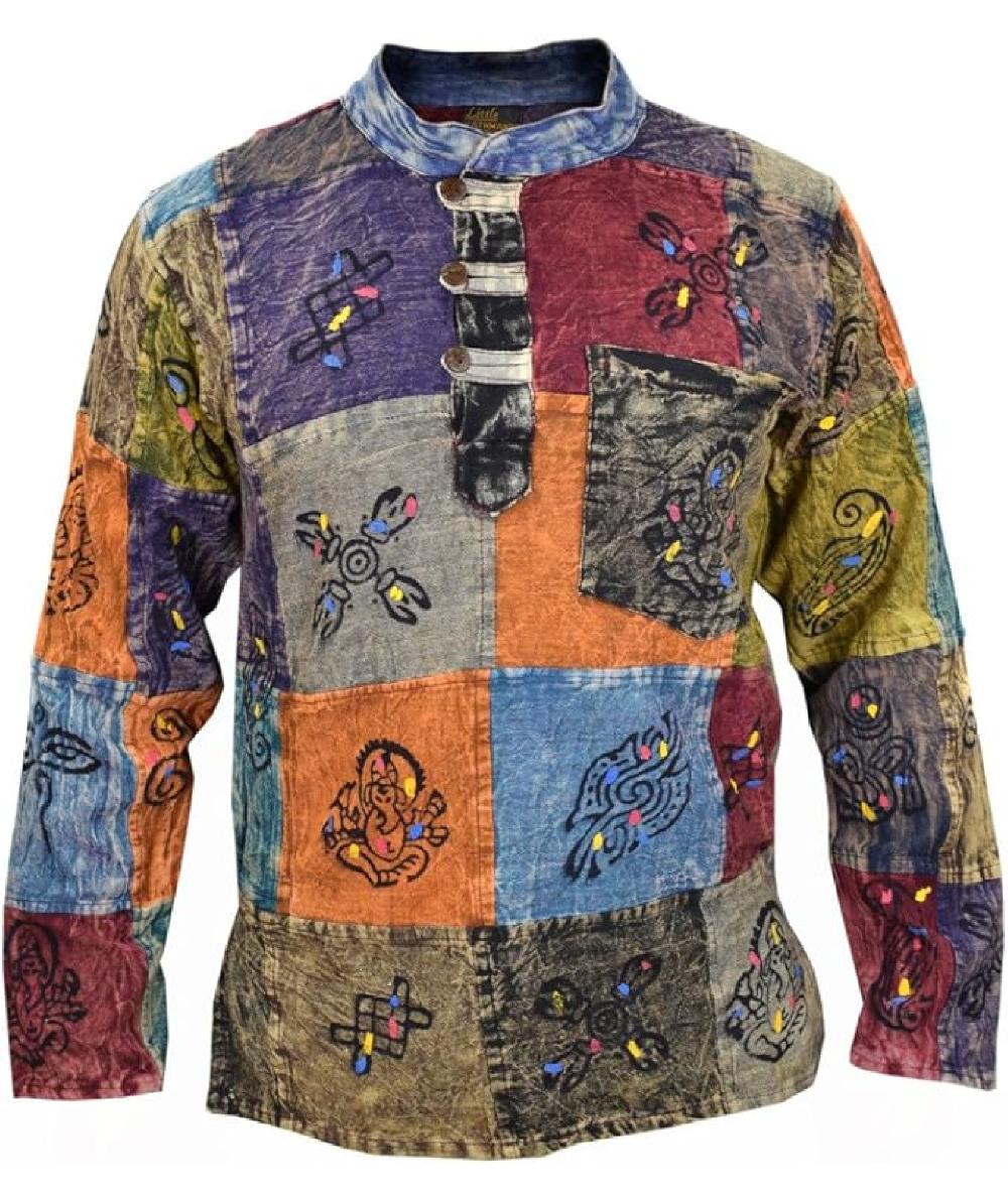 gheri Patchwork Printed Symbols Casual Grandad Shirt Stone washed