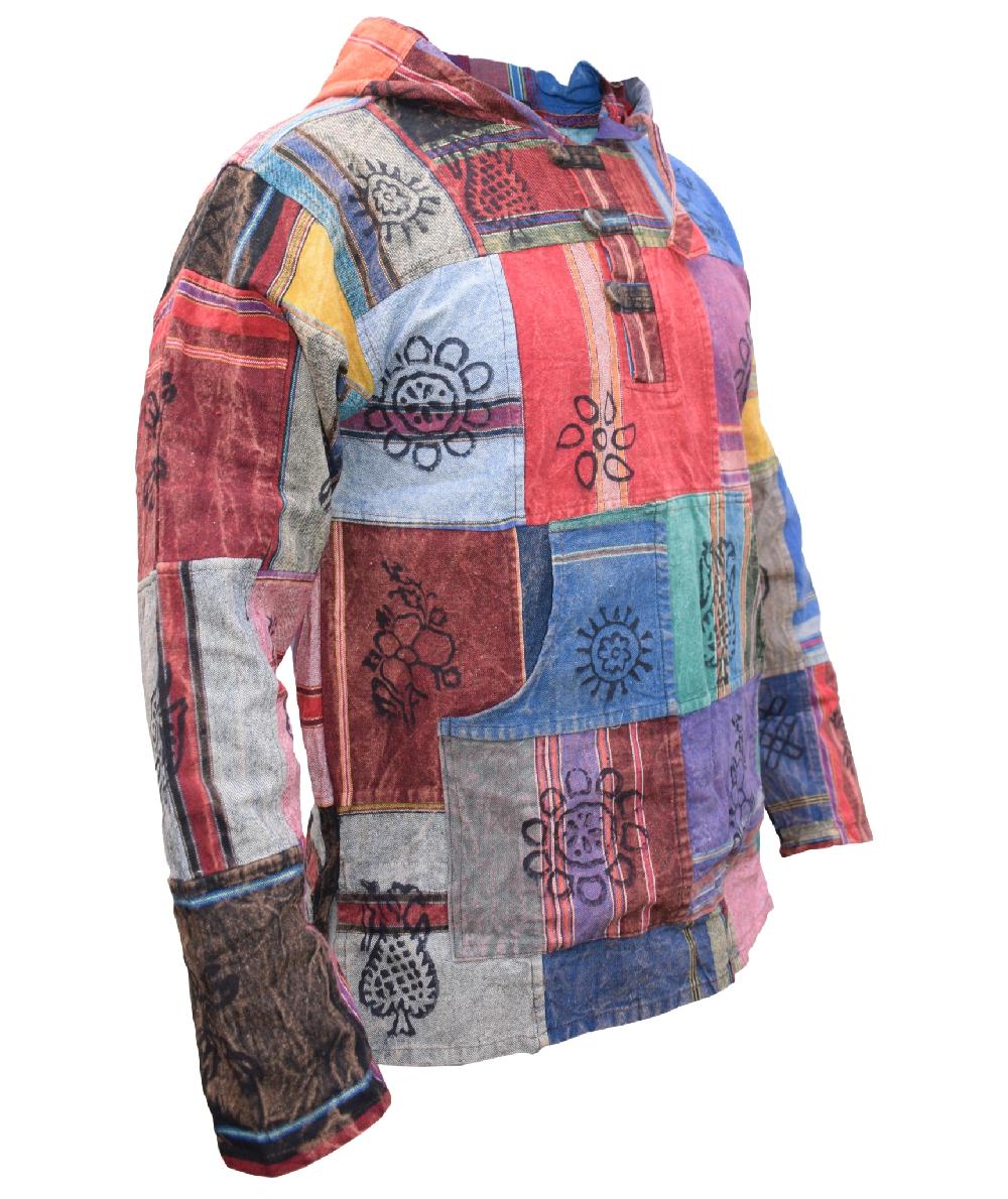 Gheri Shyama Cotton Multicolored Patchwork Stonewashed Hoody