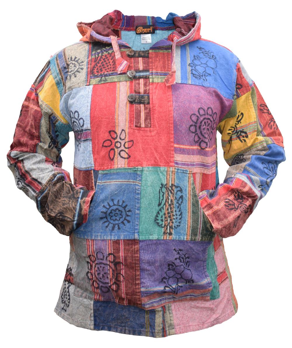 Gheri Shyama Cotton Multicolored Patchwork Stonewashed Hoody