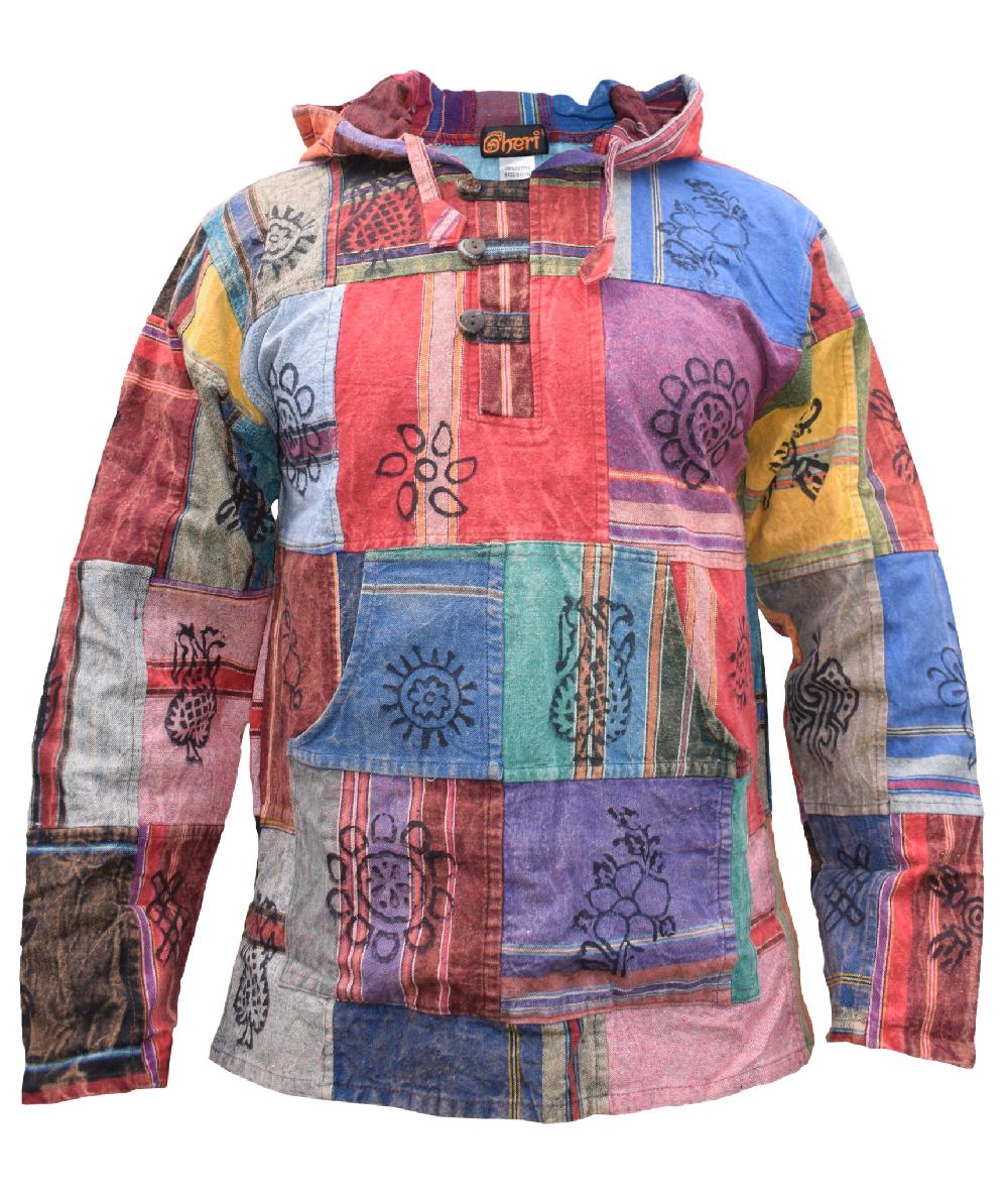 gheri Shyama Cotton Multicolored Patchwork Stonewashed Hoody