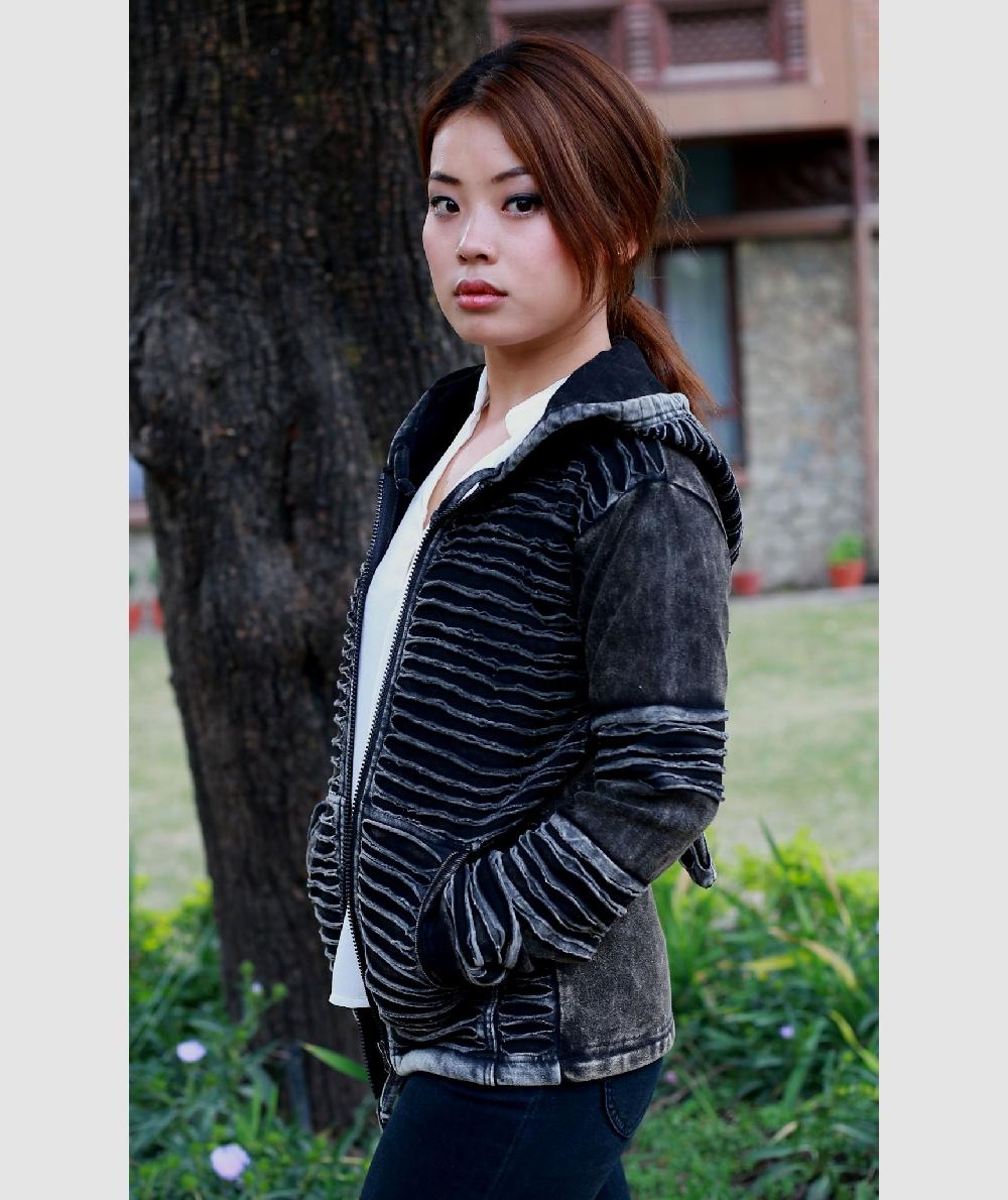 Gheri Stonewashed Cotton Razorcut Gothic Ribs Hoody Black