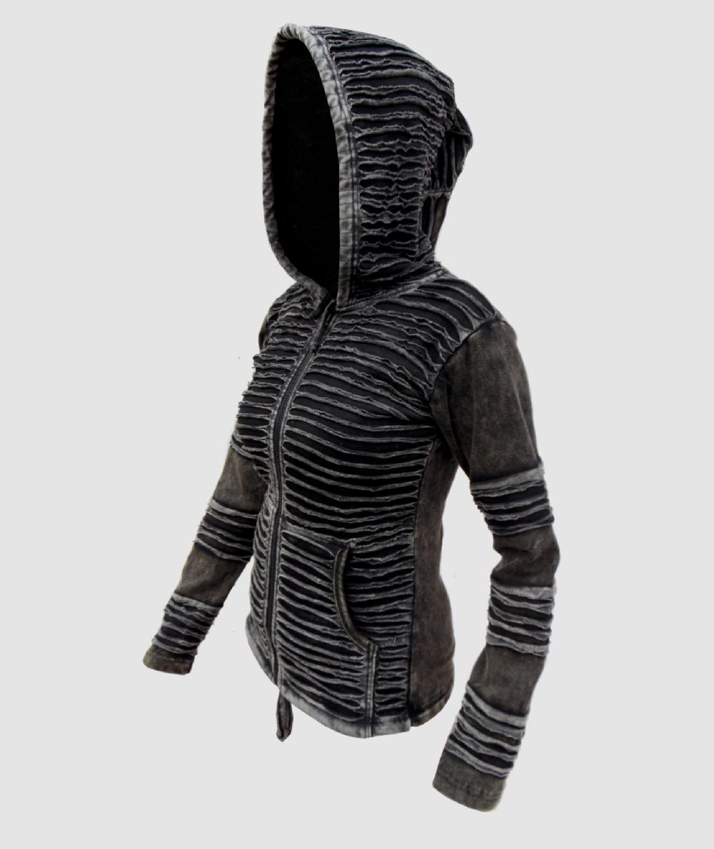 Gheri Stonewashed Cotton Razorcut Gothic Ribs Hoody Black