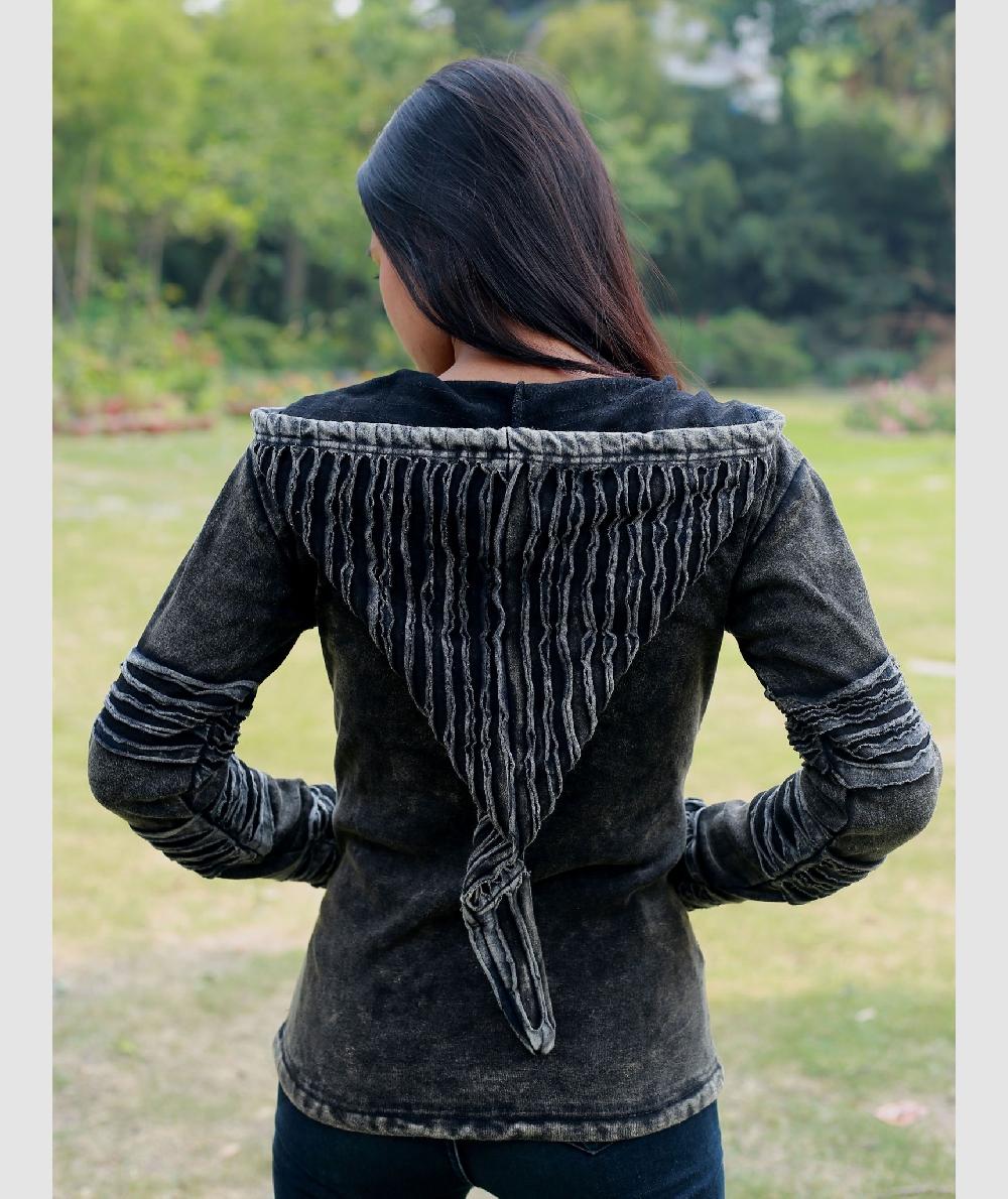 gheri Stonewashed Cotton Razorcut Gothic Ribs Hoody black