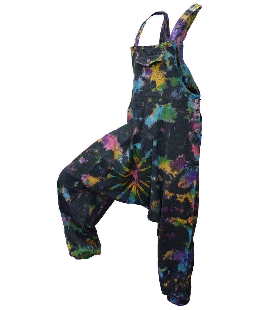 Gheri Women's Tie Dye Low Crotch Overalls Dungaree Harem Rainbow Spiral Black Rainbow