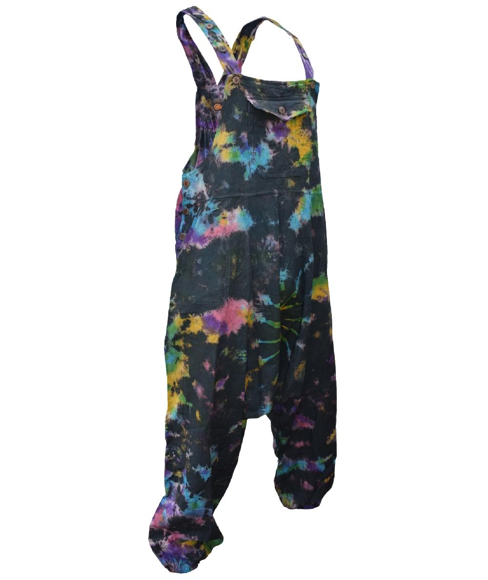 Gheri Women's Tie Dye Low Crotch Overalls Dungaree Harem Rainbow Spiral Black Rainbow