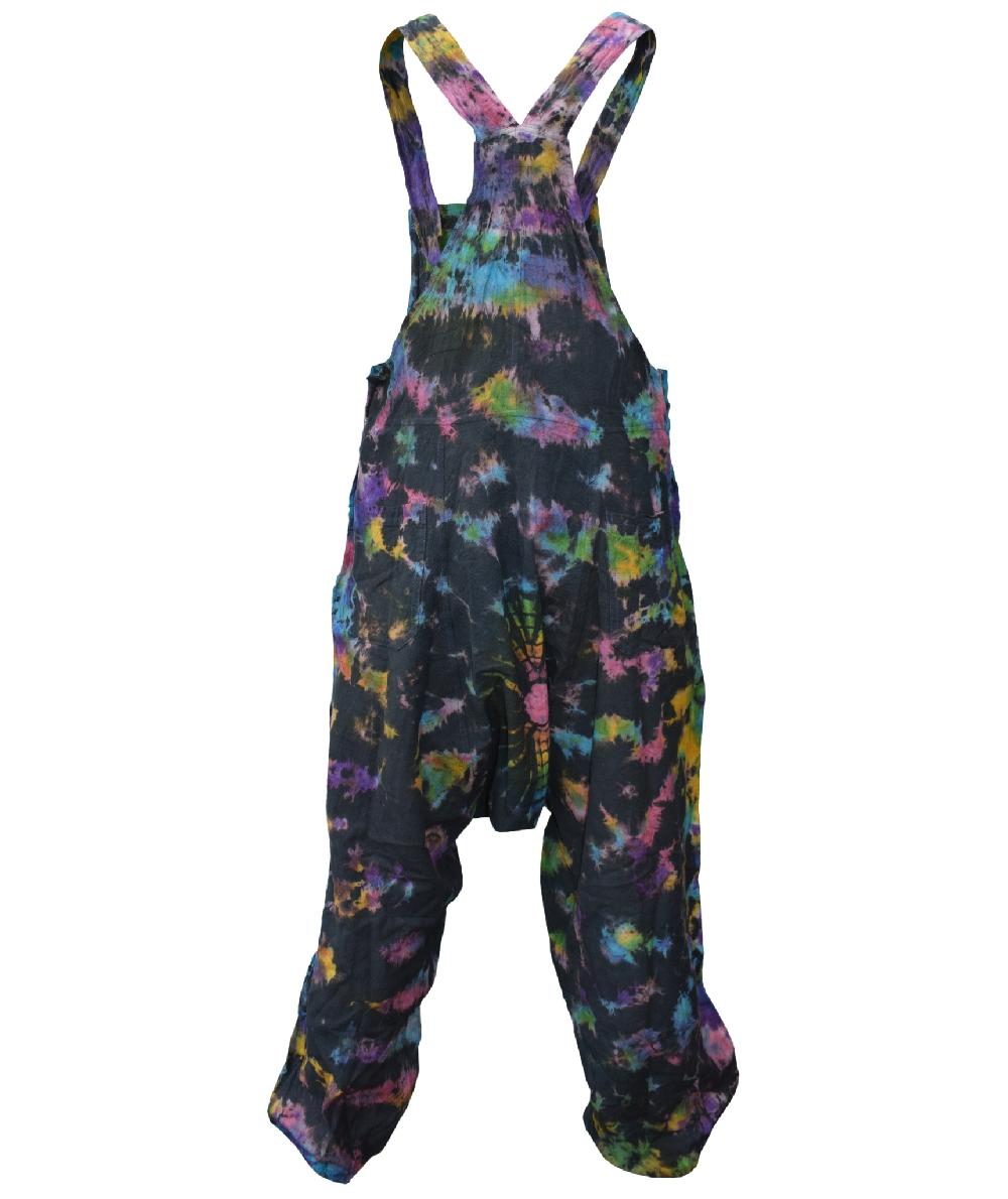 Gheri Women's Tie Dye Low Crotch Overalls Dungaree Harem Rainbow Spiral Black Rainbow