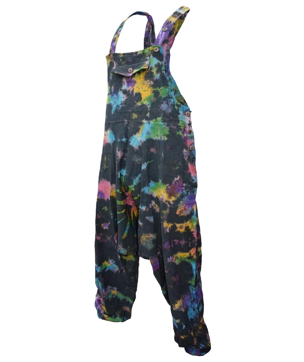 gheri Women's Tie Dye Low Crotch Overalls Dungaree Harem Rainbow Spiral Black Rainbow