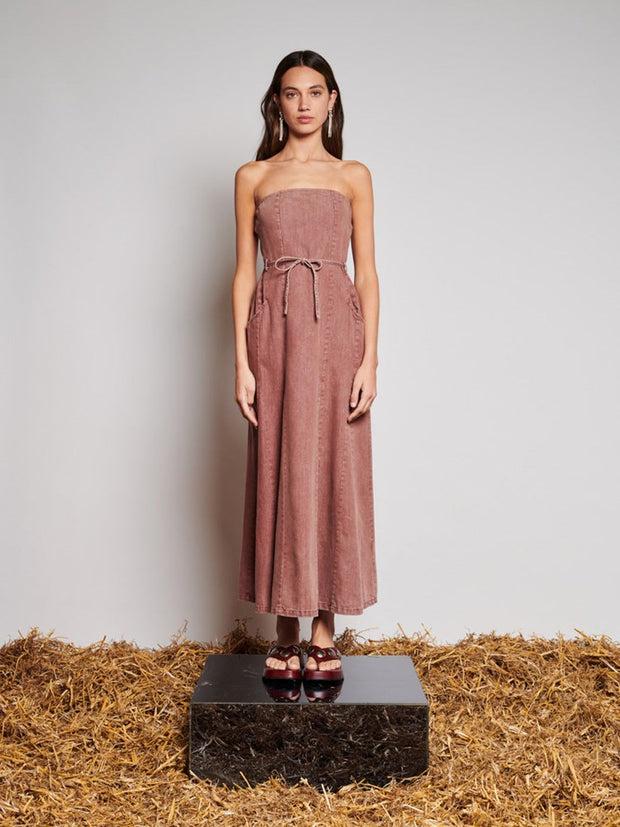 Ghospell Britt Denim Midi Dress Washed Brown