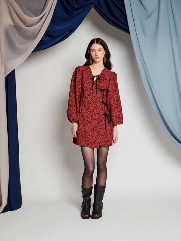 Ghospell Davina Wrap Mini Dress Black & Carmin Red