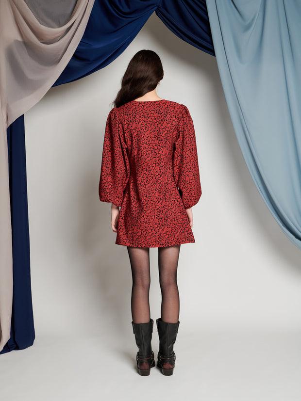 Ghospell Davina Wrap Mini Dress Black & Carmin Red