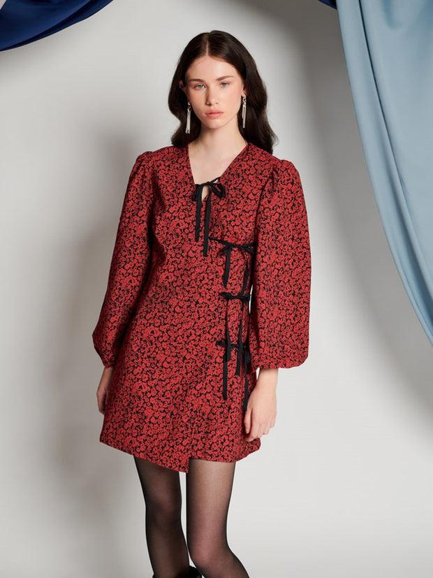 ghospell Davina Wrap Mini Dress Black & Carmin Red