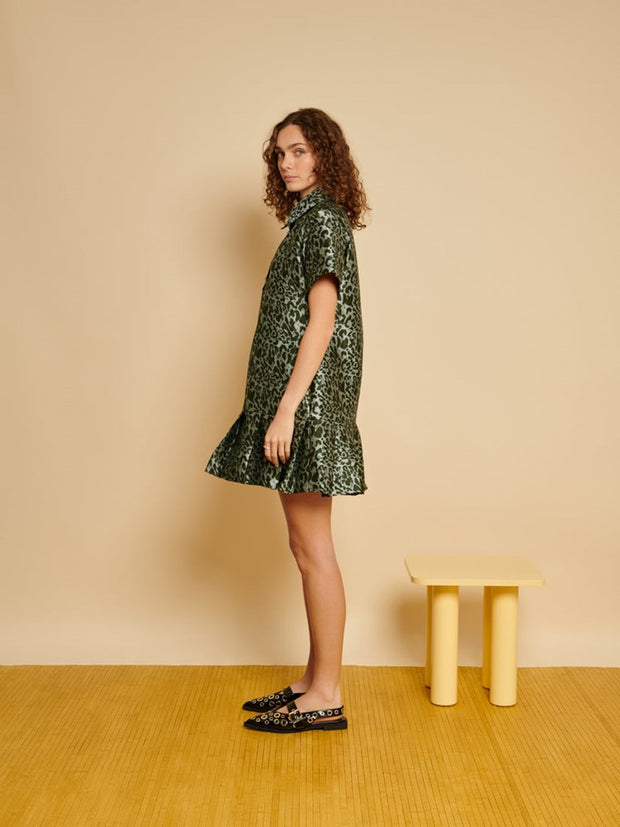 Ghospell Ebba Leopard Mini Dress Spruce Green