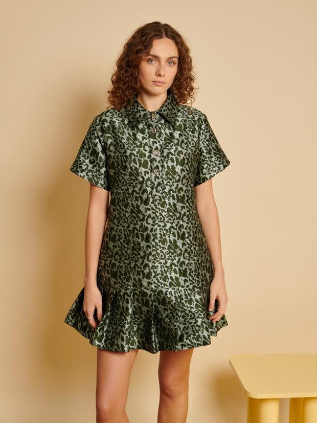 ghospell Ebba Leopard Mini Dress Spruce Green