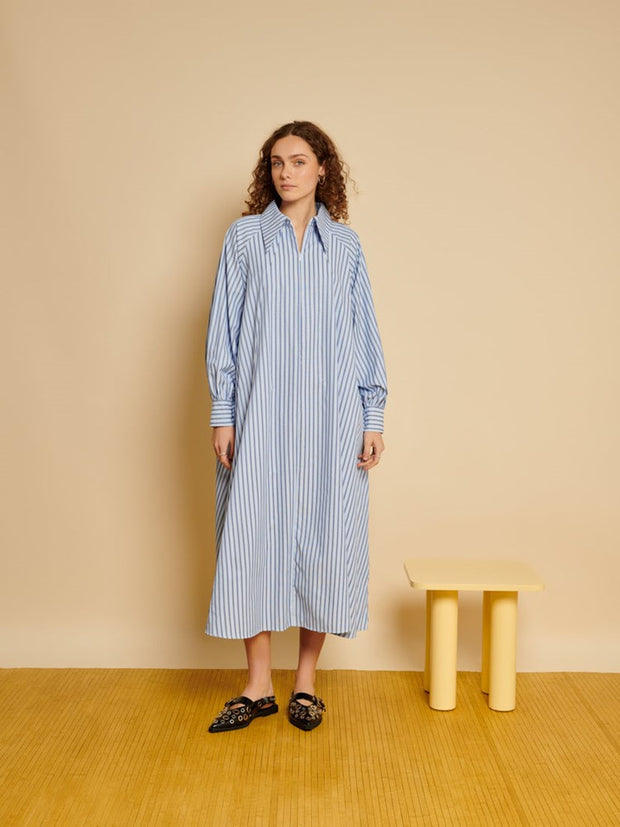Ghospell Inez Stripe Midi Dress Sky Blue
