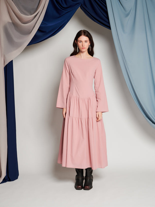 Ghospell Iona Tiered Midi Dress Dusty Pink
