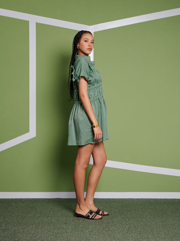 Ghospell Jessica Check Mini Dress Olive Green