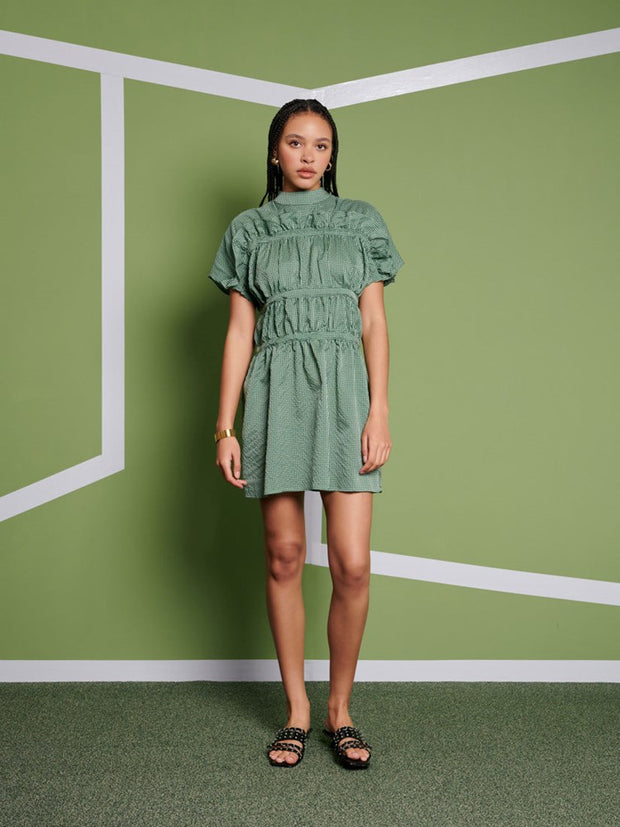 Ghospell Jessica Check Mini Dress Olive Green
