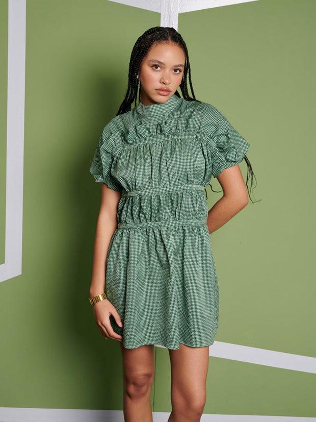 ghospell Jessica Check Mini Dress Olive Green