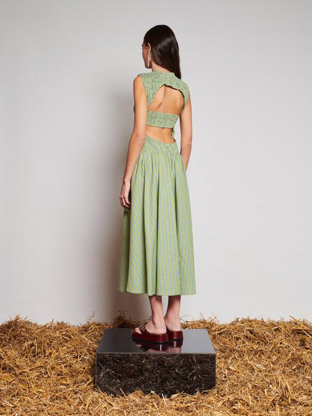 Ghospell Josephine Stripe Midi Dress Olive Green