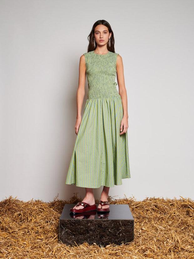 Ghospell Josephine Stripe Midi Dress Olive Green