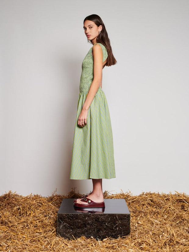 Ghospell Josephine Stripe Midi Dress Olive Green