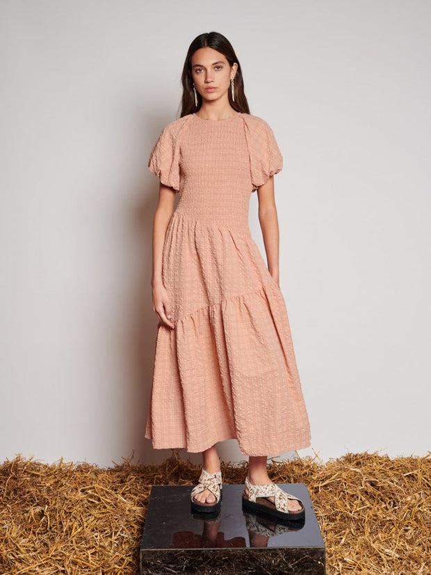 ghospell Keziah Check Midi Dress Pastel Peach