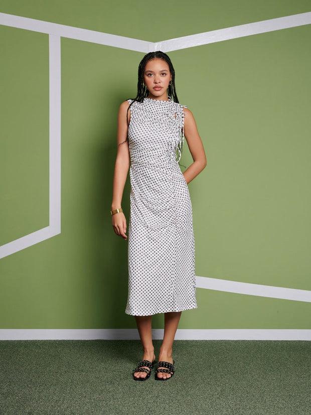 Ghospell Martina Polka Dot Midi Dress Pearl Ivory