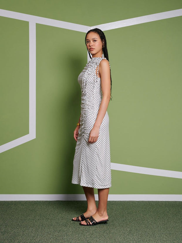 Ghospell Martina Polka Dot Midi Dress Pearl Ivory