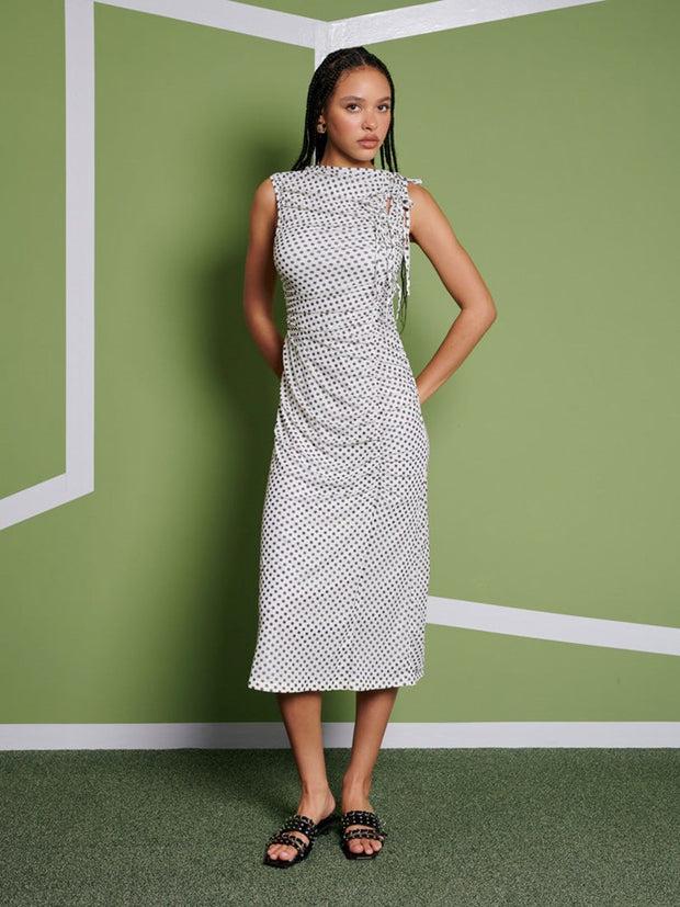 ghospell Martina Polka Dot Midi Dress Pearl Ivory