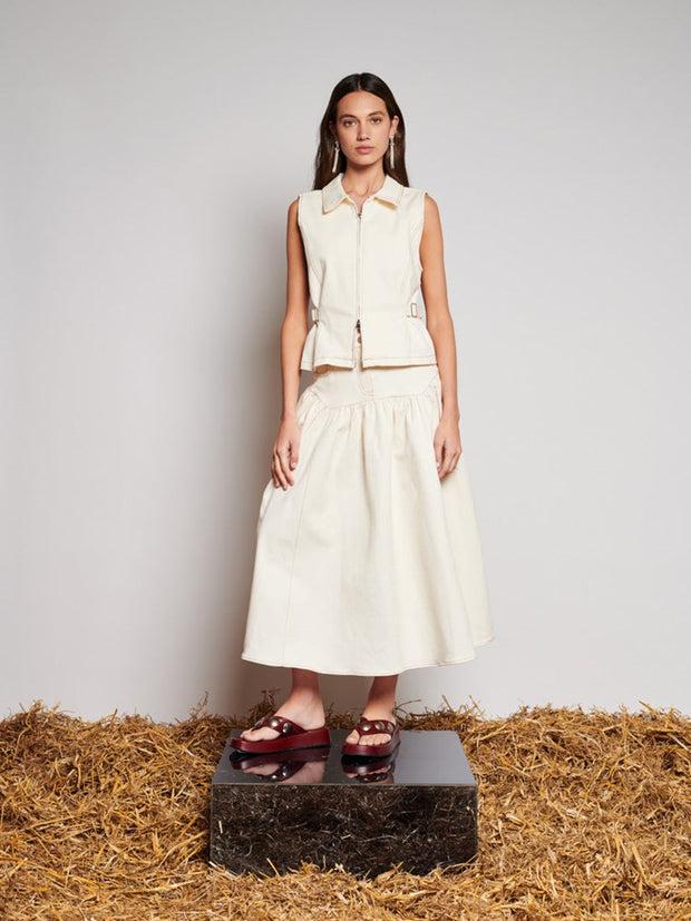 Ghospell Quincey Drill Midi Skirt Ivory Cream