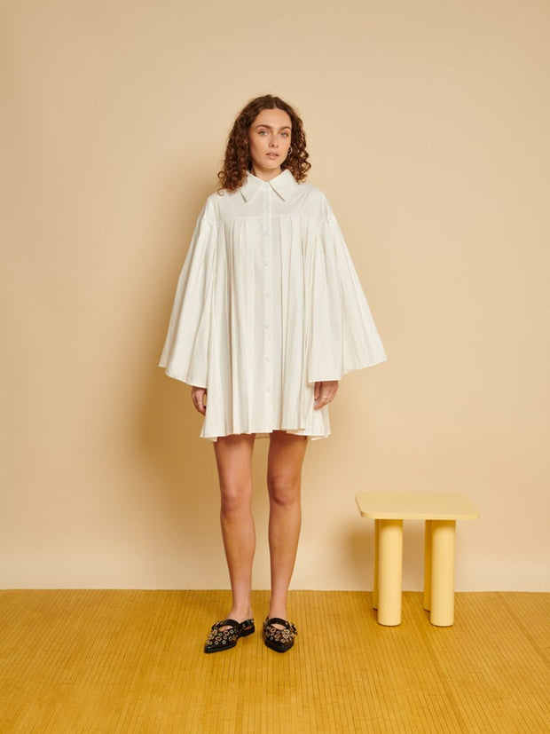 Ghospell Tora Pleat Mini Dress Pearled White