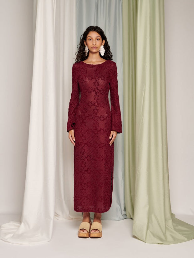 Ghospell Vicky Crochet Maxi Dress Burgundy Red