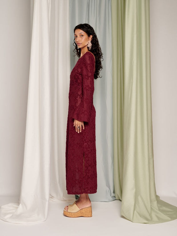 Ghospell Vicky Crochet Maxi Dress Burgundy Red