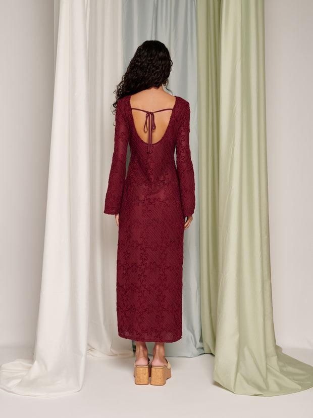 Ghospell Vicky Crochet Maxi Dress Burgundy Red