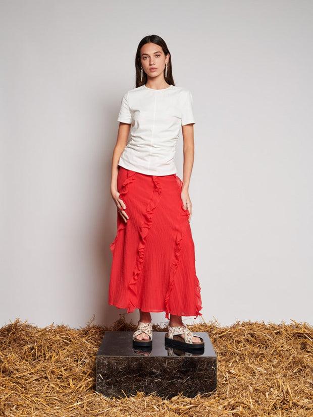 Ghospell Wynn Flounced Midi Skirt Vermillon Red