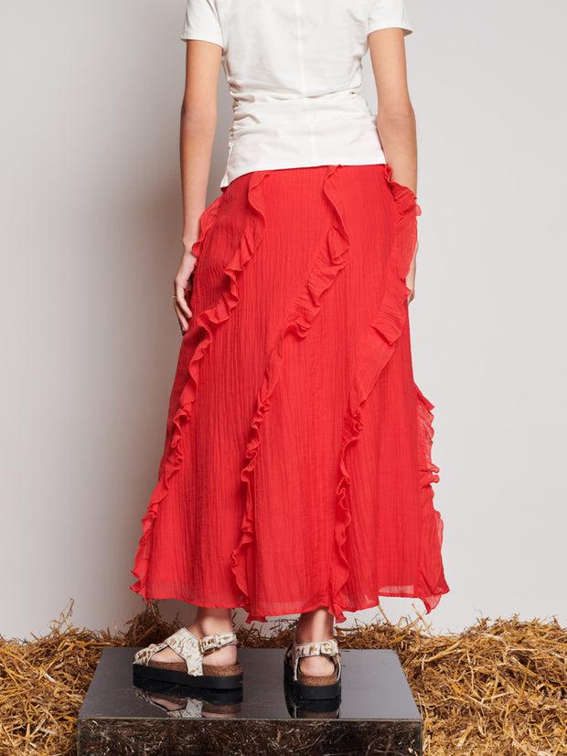 Ghospell Wynn Flounced Midi Skirt Vermillon Red