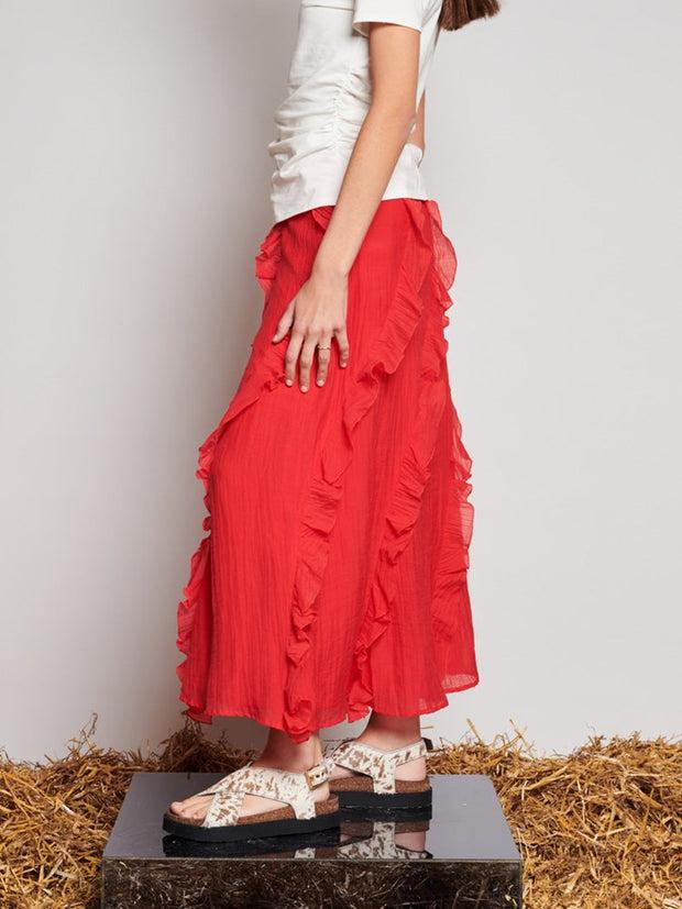 Ghospell Wynn Flounced Midi Skirt Vermillon Red