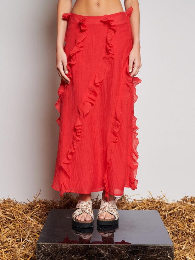 ghospell Wynn Flounced Midi Skirt Vermillon Red