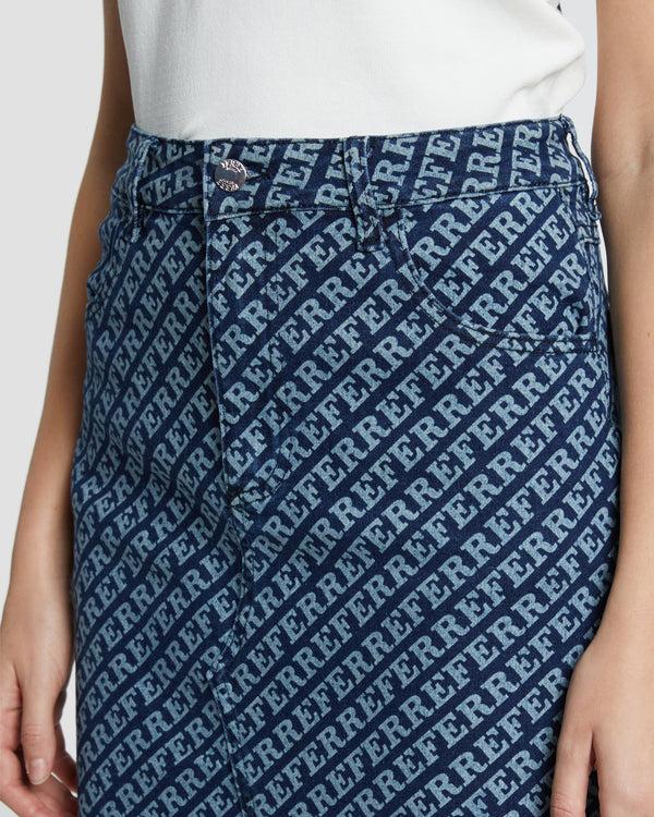 Gianfranco Ferre All-Over Ferre Print Denim Skirt Dark Blue