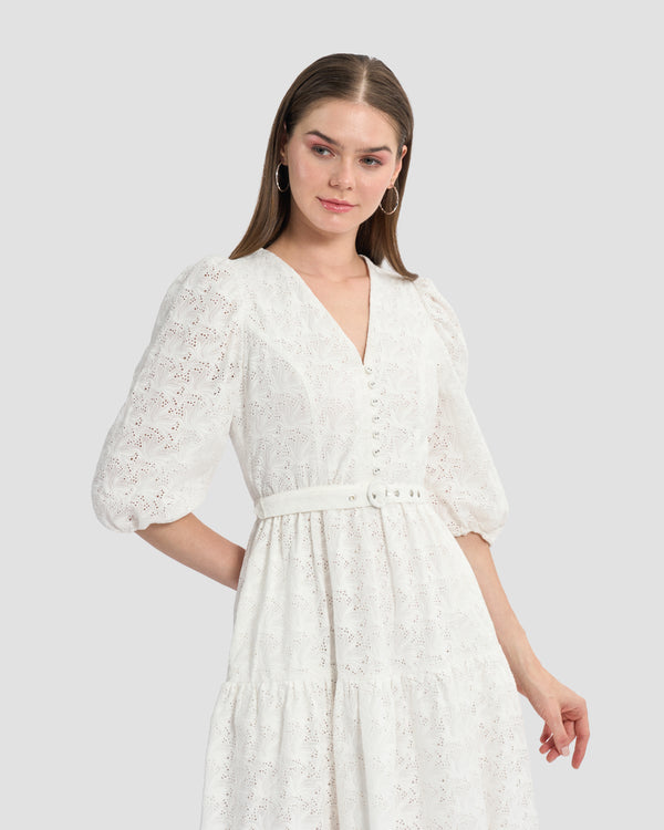 Gianfranco Ferre Belted Broderie Anglaise Midi Dress White