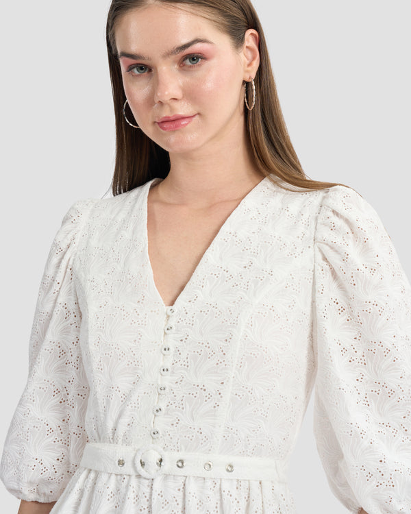 Gianfranco Ferre Belted Broderie Anglaise Midi Dress White