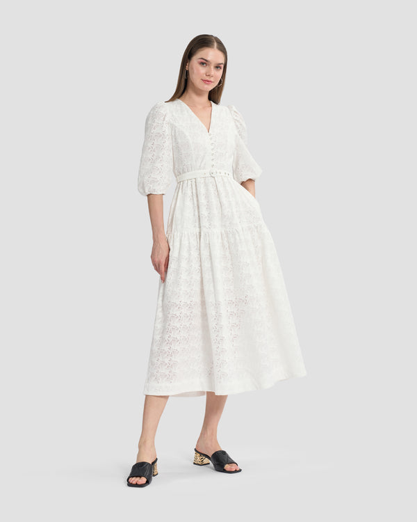 gianfranco ferre Belted Broderie Anglaise Midi Dress White