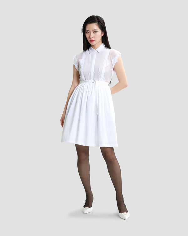 gianfranco ferre Belted Lace-Trimmed Mini Shirt Dress White
