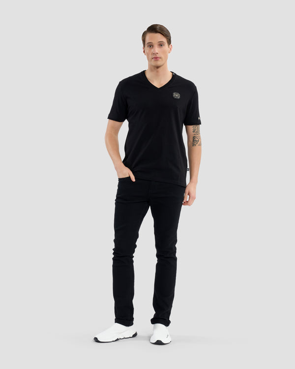 Gianfranco Ferre Brand Embellished Sleeve V-Neck T-Shirt Black