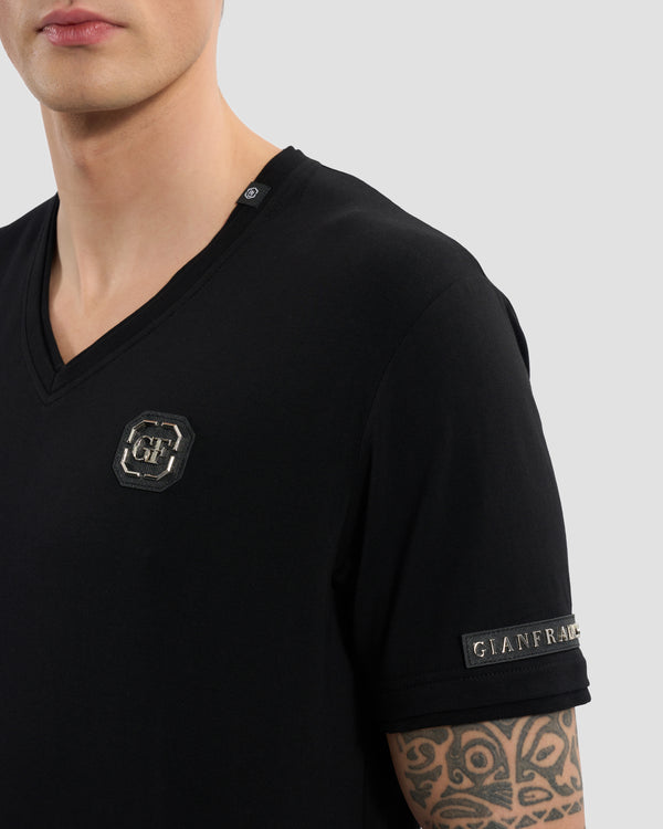 Gianfranco Ferre Brand Embellished Sleeve V-Neck T-Shirt Black