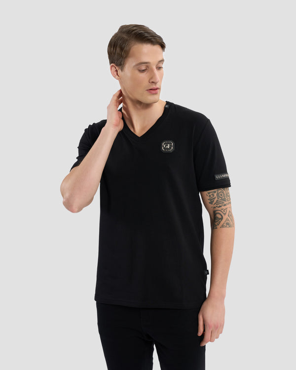 gianfranco ferre Brand Embellished Sleeve V-Neck T-Shirt Black