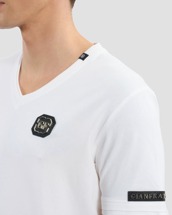 Gianfranco Ferre Brand Embellished Sleeve V-Neck T-Shirt White