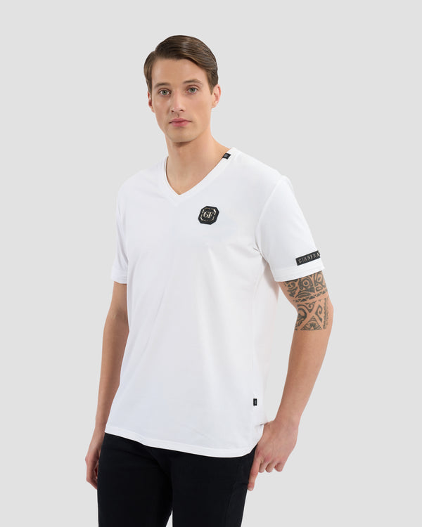 gianfranco ferre Brand Embellished Sleeve V-Neck T-Shirt White